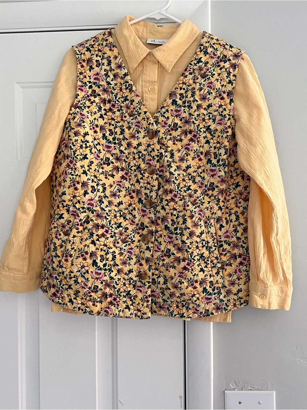 Denim&Co Yellow Floral Quilted Vest with Yellow Button-Down Shirt